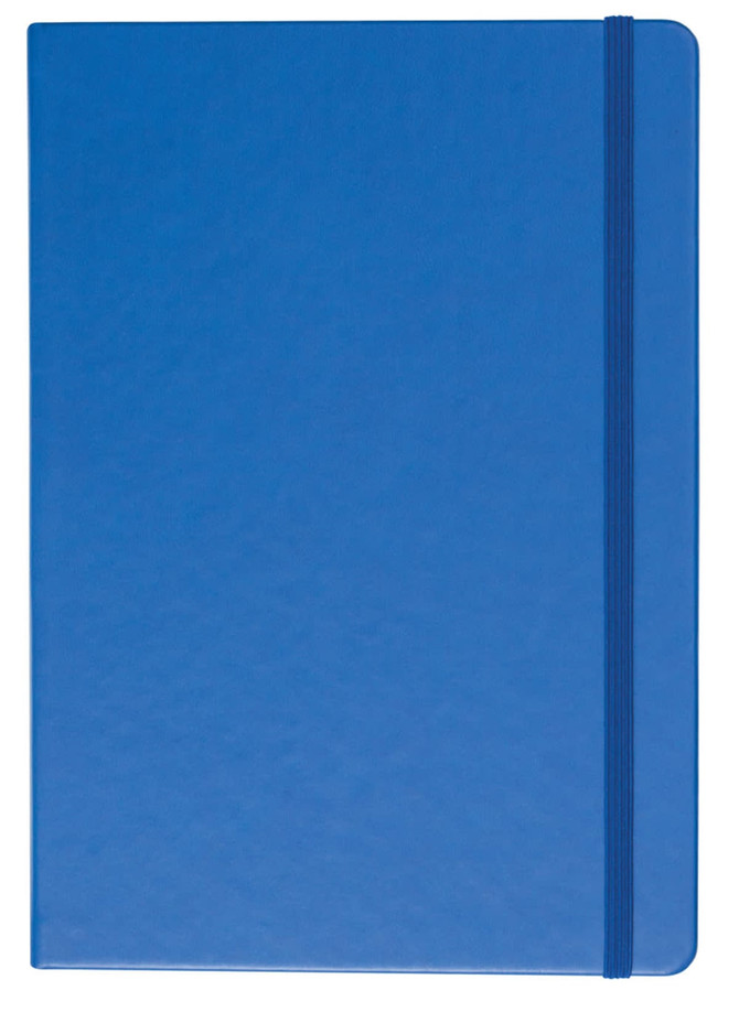 A blue A5 notebook with a smooth cover and an elastic band closure. It features a logo on the front. A blue A5 notebook with a smooth cover and an elastic band closure. It features a logo on the front.