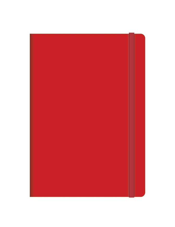 A red A5 notebook featuring a simple design with an elastic closure and a branded logo. A red A5 notebook featuring a simple design with an elastic closure and a branded logo.