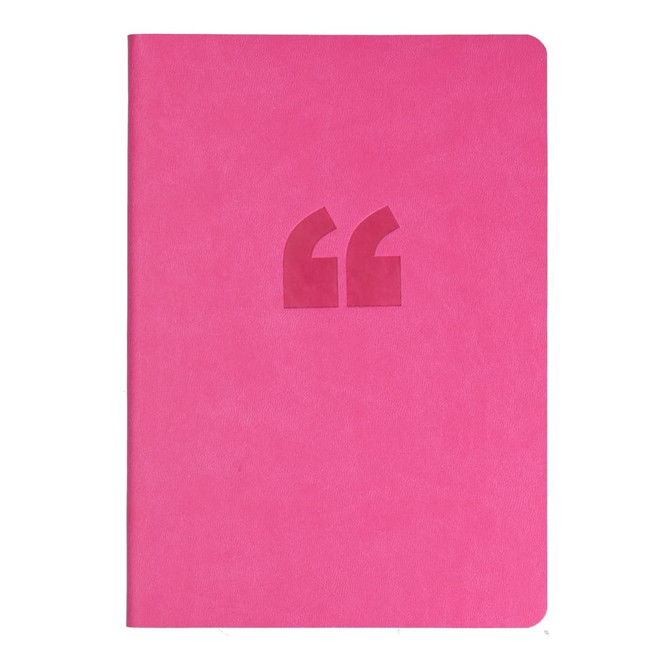 A pink A5 notebook with a smooth cover and a quote design embossed on the front. It features rounded corners. A pink A5 notebook with a smooth cover and a quote design embossed on the front. It features rounded corners.