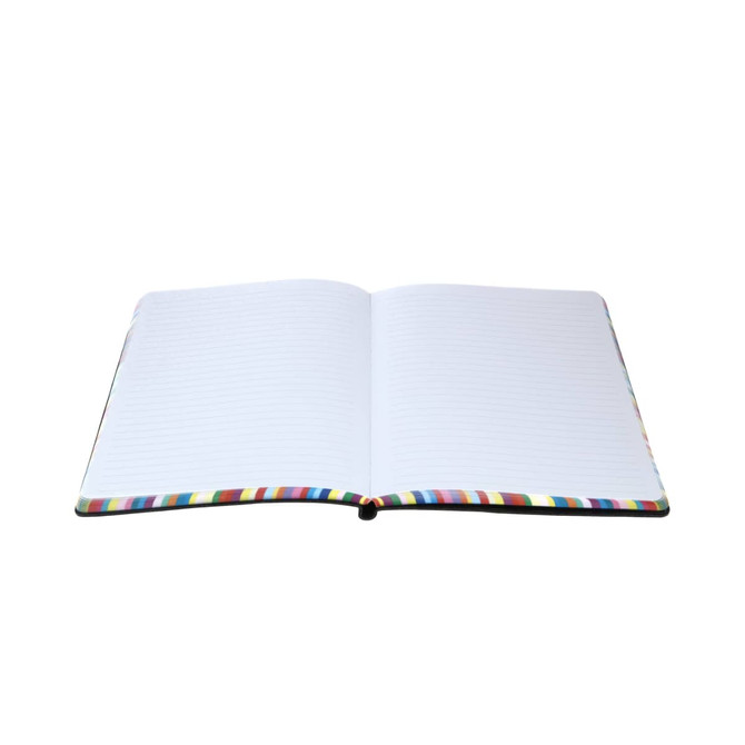 An A5 notebook with rainbow stripes along the edges and blank ruled pages, featuring a black cover and binding. An A5 notebook with rainbow stripes along the edges and blank ruled pages, featuring a black cover and binding.