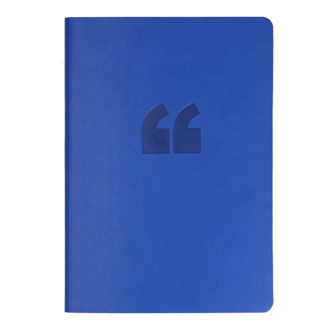 A blue A5 notebook with a smooth cover featuring a logo on the front. A blue A5 notebook with a smooth cover featuring a logo on the front.