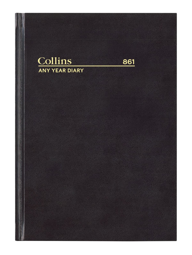 A black A5 diary titled "Any Year Diary" with a gold-coloured logo on the front cover.