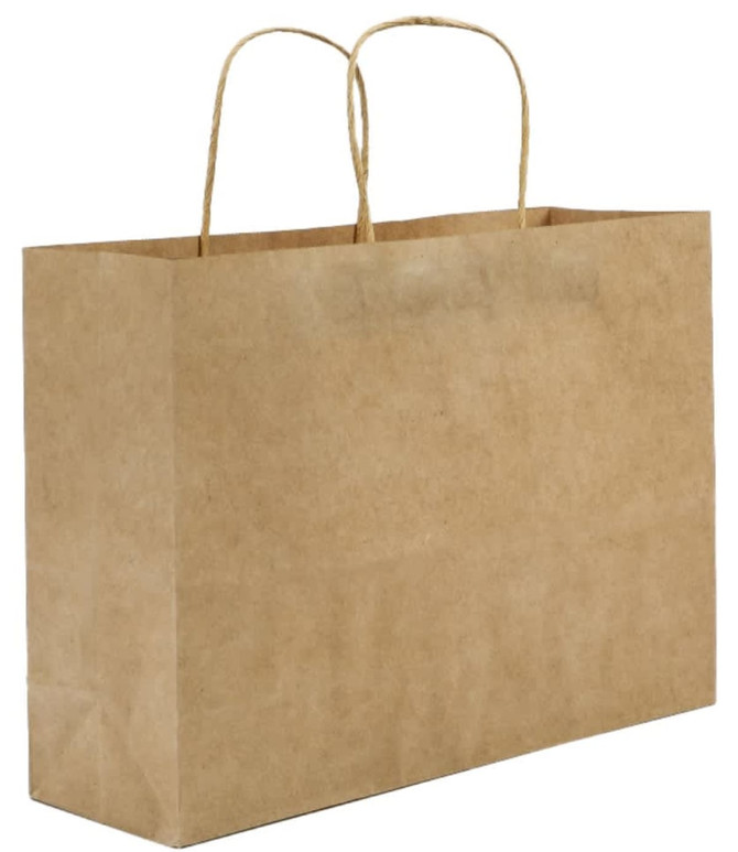 A brown paper shopping bag with two handles, featuring a plain design and no visible logos.