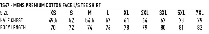 A size chart for the Men's Premium Cotton Face Long Sleeve Tee Shirt, listing measurements for various sizes.