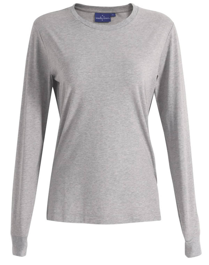 A grey long-sleeve women's premium cotton t-shirt with a crew neck and a logo on the label.