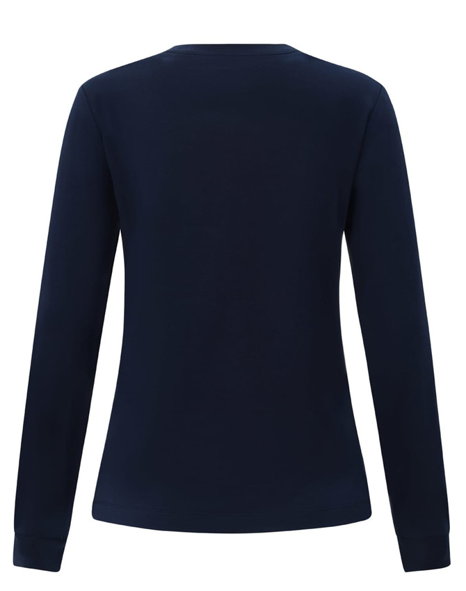 A navy long-sleeve tee shirt for ladies, featuring a round neck and fitted design. The back view is shown.