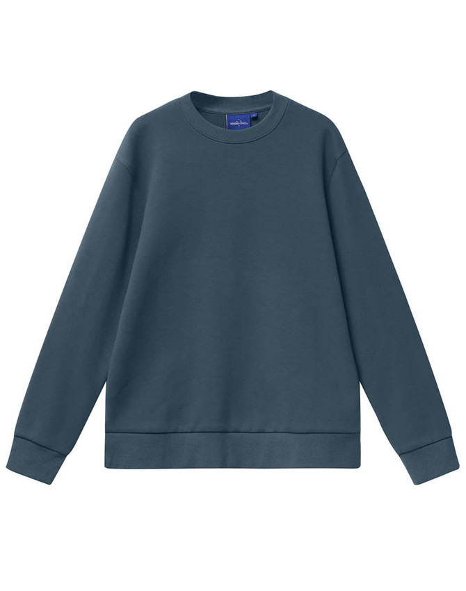 A unisex air-layered crew neck sweater in a deep blue colour. The garment has long sleeves and a relaxed fit.