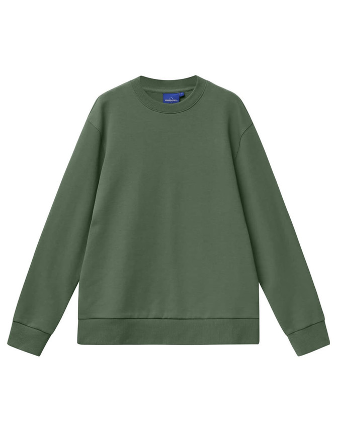 A unisex crew neck sweater in olive green, featuring long sleeves and a ribbed hem. It has a logo on the inside label.