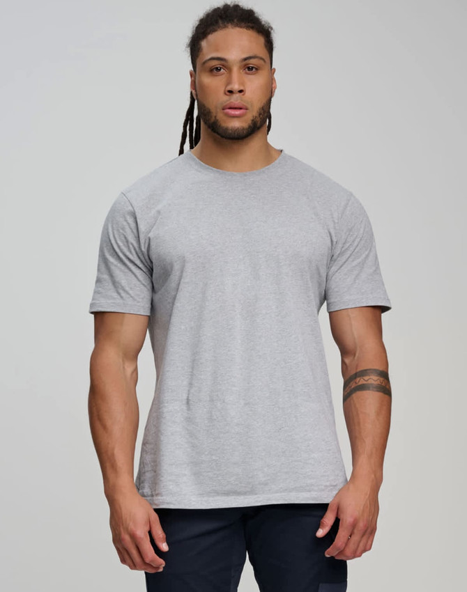 A grey men's premium cotton short sleeve T-shirt, featuring a simple design and a fitted silhouette.