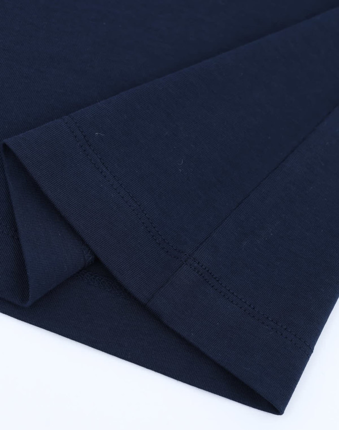 A navy blue premium cotton short-sleeve tee shirt with neatly finished seams. It features a logo.
