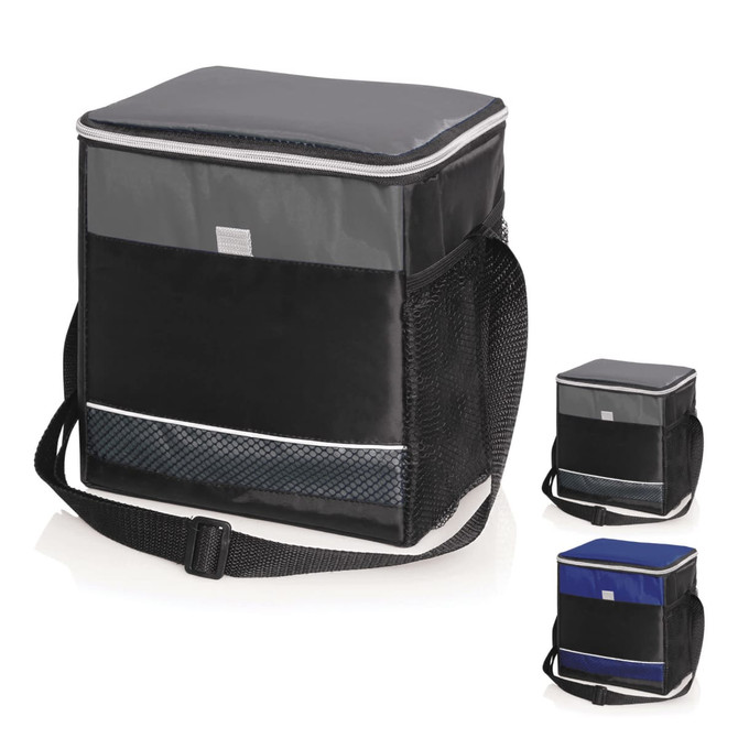 A cooler bag in black with grey accents, featuring a mesh pocket and a strap for easy carrying. It has a logo.