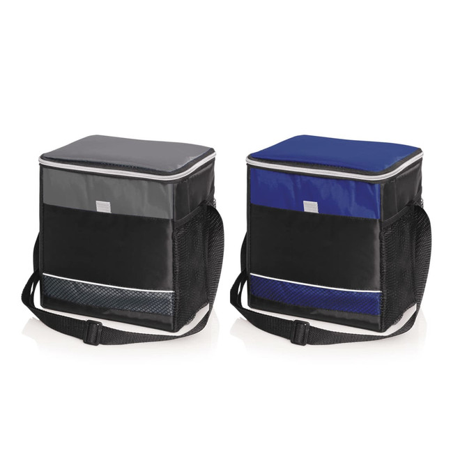 Cooler bag in grey and navy, designed to hold up to 6 bottles or 12 cans, featuring a shoulder strap and branding.