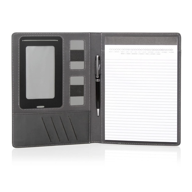 An A5 executive tech folio in ebony with a notepad, pen, card slots, and a tablet holder.