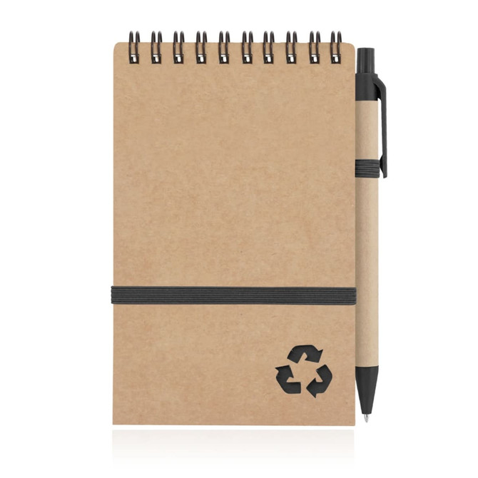 A brown recycled paper notepad with a spiral binding and a matching black pen attached, featuring a recycling logo.
