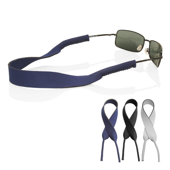 A pair of sunglasses with a navy neoprene strap, displayed with grey, black, and white strap options.