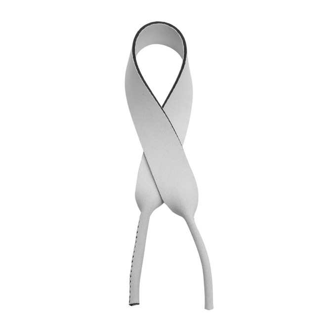 A neoprene sunglasses strap in grey, featuring a simple design with crossed ends. It has a logo on one side.