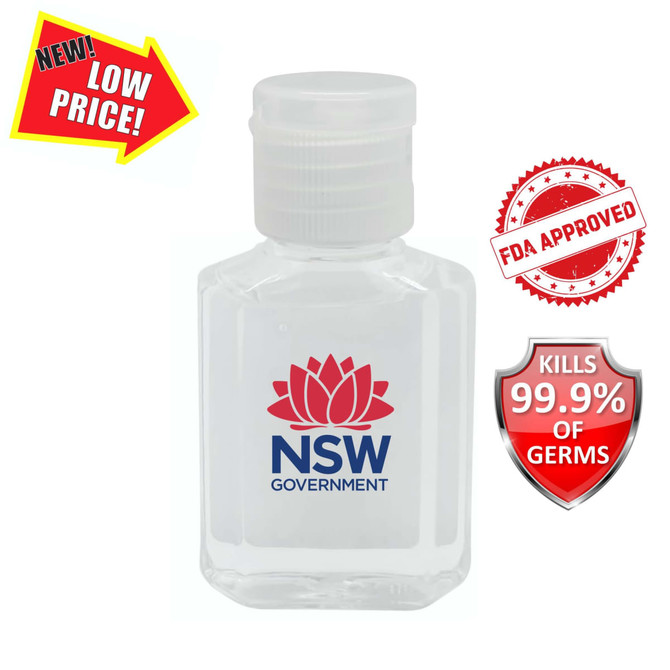 A clear 30ml bottle of hand sanitiser gel with a white cap and a logo on the front.