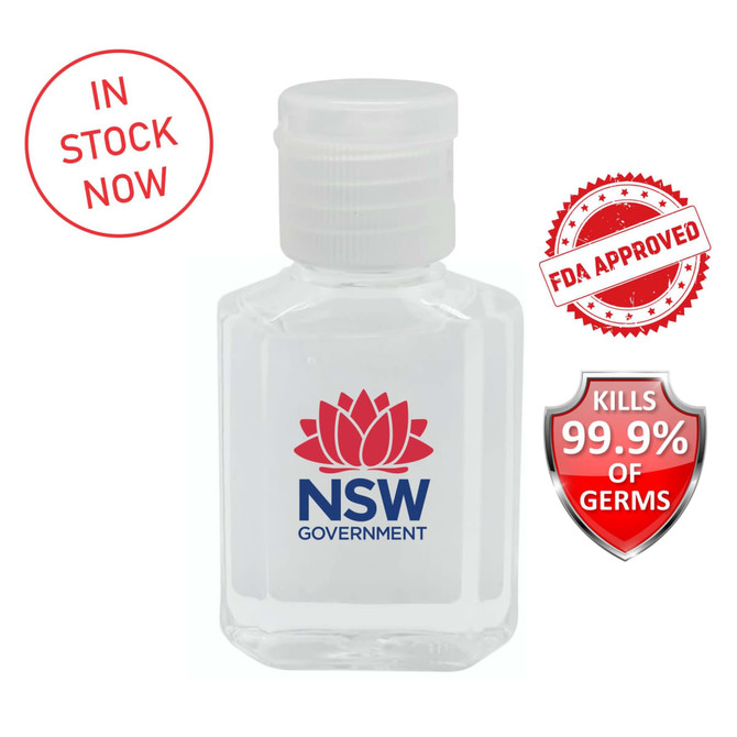 A clear 30ml hand sanitiser gel bottle with a white lid and a logo printed on the front.