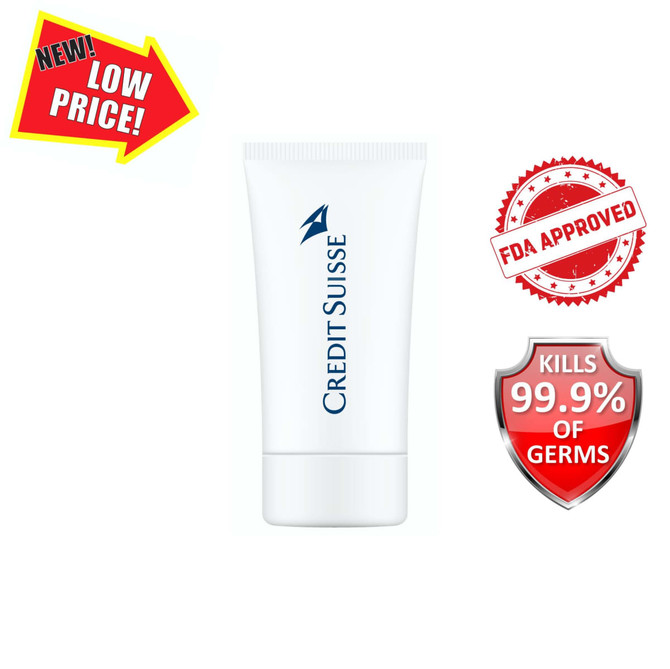 A 30ml hand sanitiser gel tube, white with a branding logo, designed to kill 99.9% of germs.