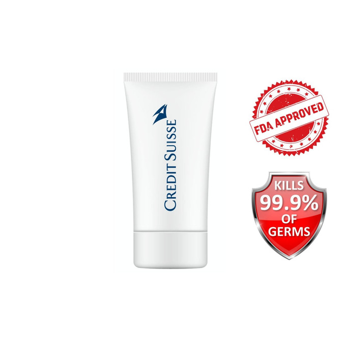 A 30ml hand sanitiser gel tube in white, featuring a logo and indicating it kills 99.9% of germs.