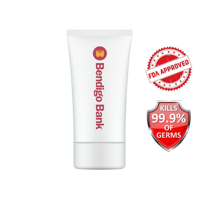 A white hand sanitiser gel tube, 60ml, featuring a logo.