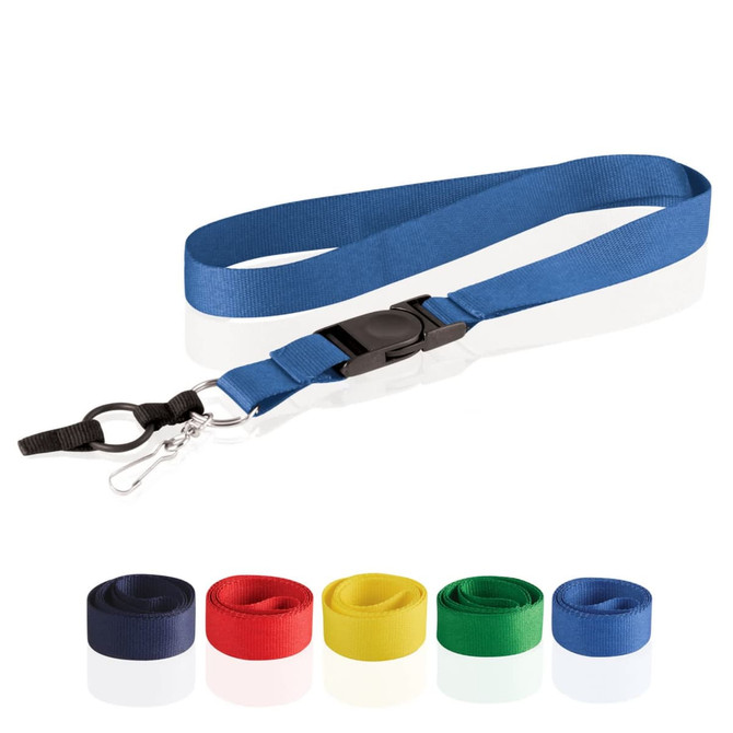 A blue lanyard with a clip and adjustable buckle, displayed alongside red, yellow, green, and black versions.
