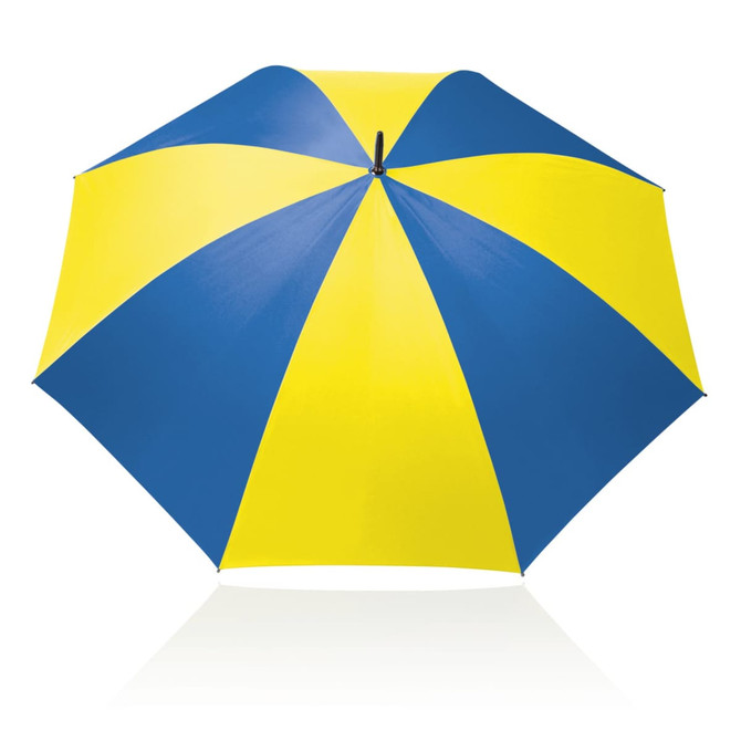 A 75cm umbrella featuring a bright blue and yellow striped design, with a black handle and a branded logo.