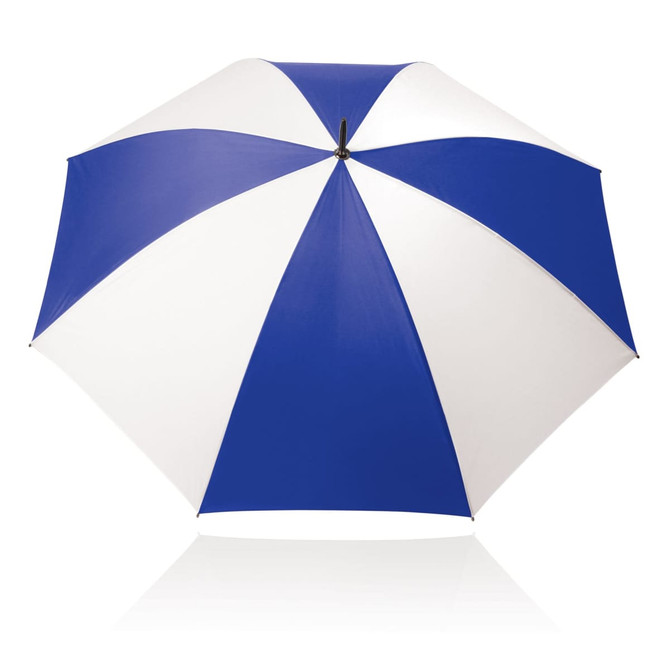 A 75cm umbrella featuring a bold blue and white striped design. It has a logo on its handle.