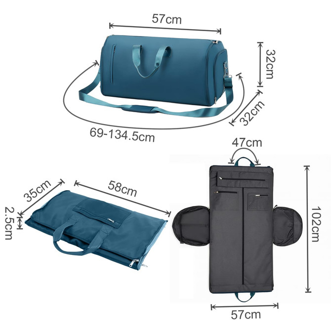 A blue convertible duffel bag that transforms into a garment bag, featuring handles and multiple compartments.