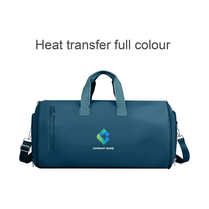 A teal convertible duffel bag with dual handles, a shoulder strap, and a logo on the front.
