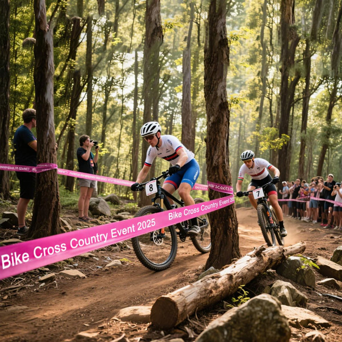 Two cyclists racing in a forested area, with pink promotional barrier tape marking the trail. Spectators can be seen in the background.