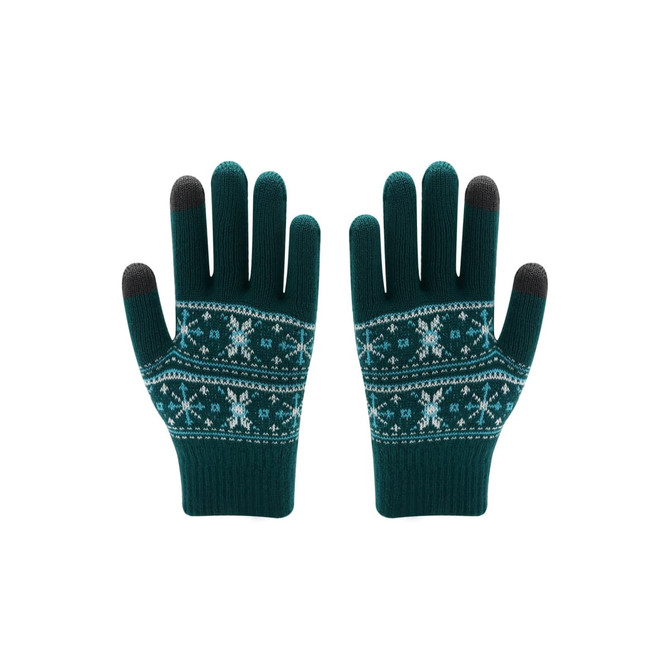 A pair of teal Jacquard gloves featuring a snowflake pattern in white and grey fingertips. The gloves have a knitted design.