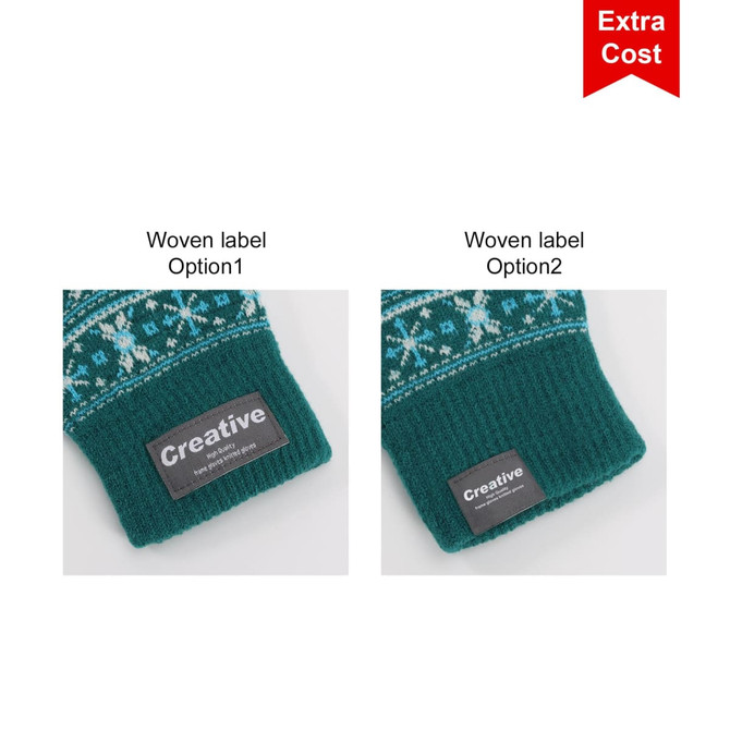 Two pairs of adult jacquard gloves in teal with patterned designs and woven labels, featuring two different label options.
