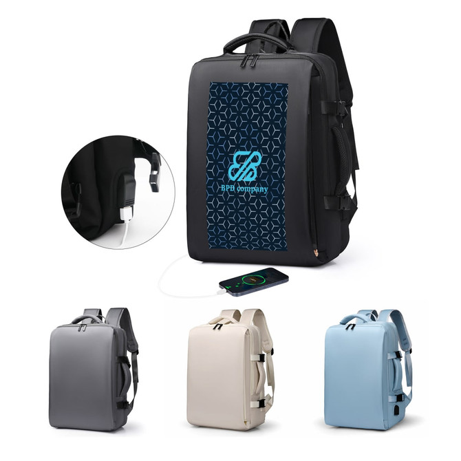 A carry-on travel backpack in black with a logo, featuring a USB port, shown alongside grey, cream, and blue versions.