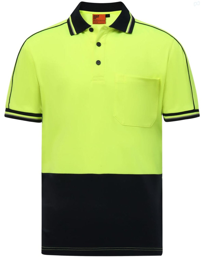 A high-visibility short-sleeved polo in bright yellow with a navy blue bottom and a chest pocket. It features a logo.