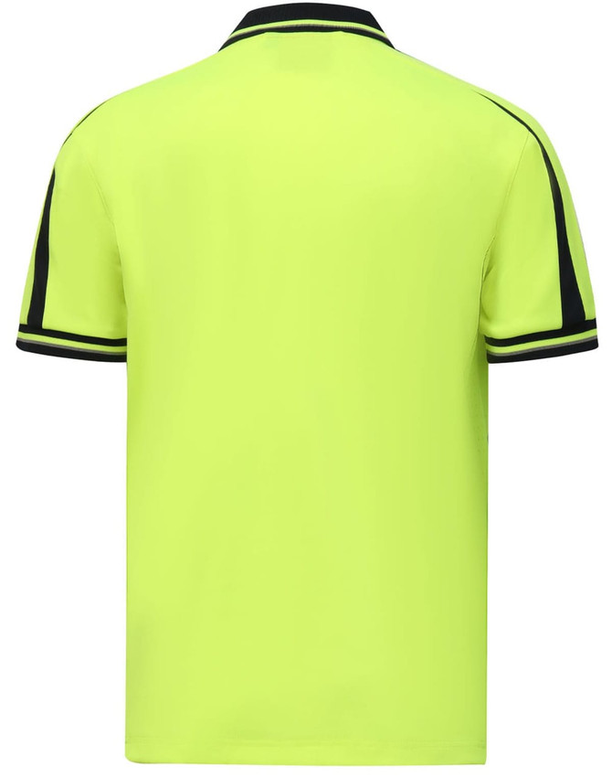 A lime green safety polo shirt with contrasting black trim on the sleeves. It features a logo on the fabric.