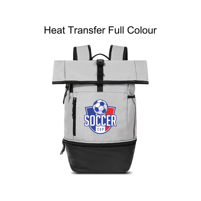 A grey and black roll-top backpack featuring a logo with a soccer ball. It has adjustable straps and a sleek design.