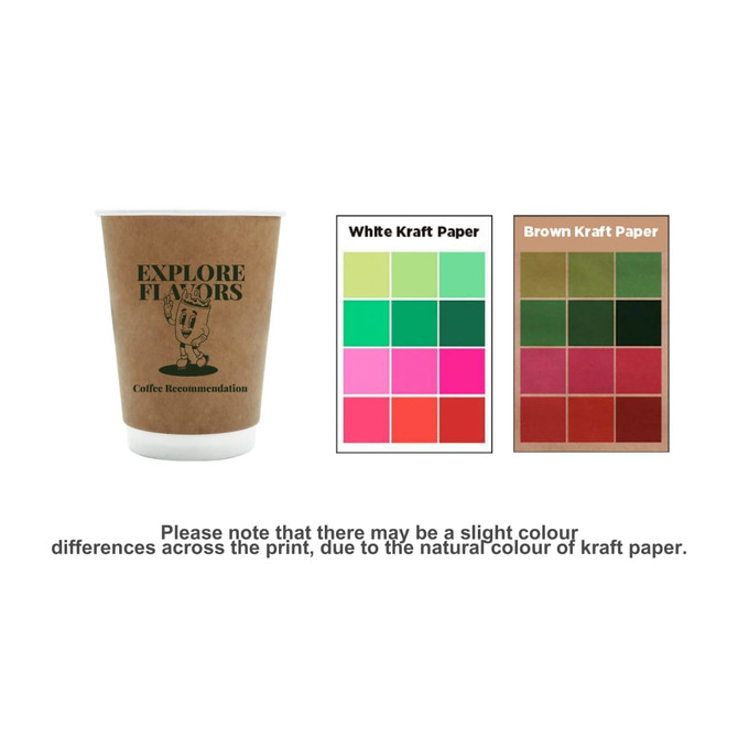 A double wall kraft paper cup in brown with a white rim and a printed design, accompanied by colour swatches of kraft paper.