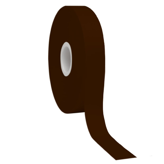 A roll of brown satin polyester ribbon with a smooth, glossy finish and a central core.
