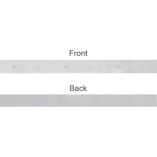 A satin polyester ribbon in silver with gold hot stamping, featuring a front and back view.