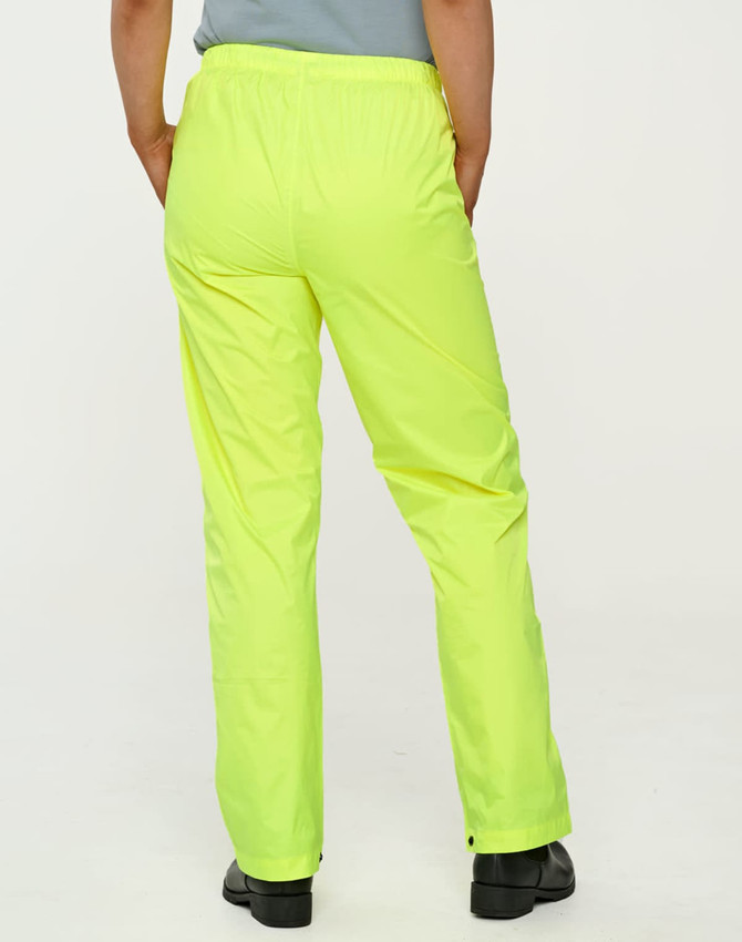 Lightweight nylon waterproof rain pants in bright yellow, featuring an elastic waistband and a simple design.
