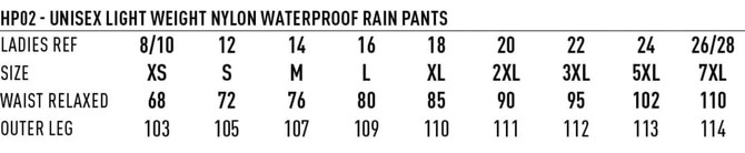 A chart displaying sizing information for unisex light weight nylon waterproof rain pants in various sizes.