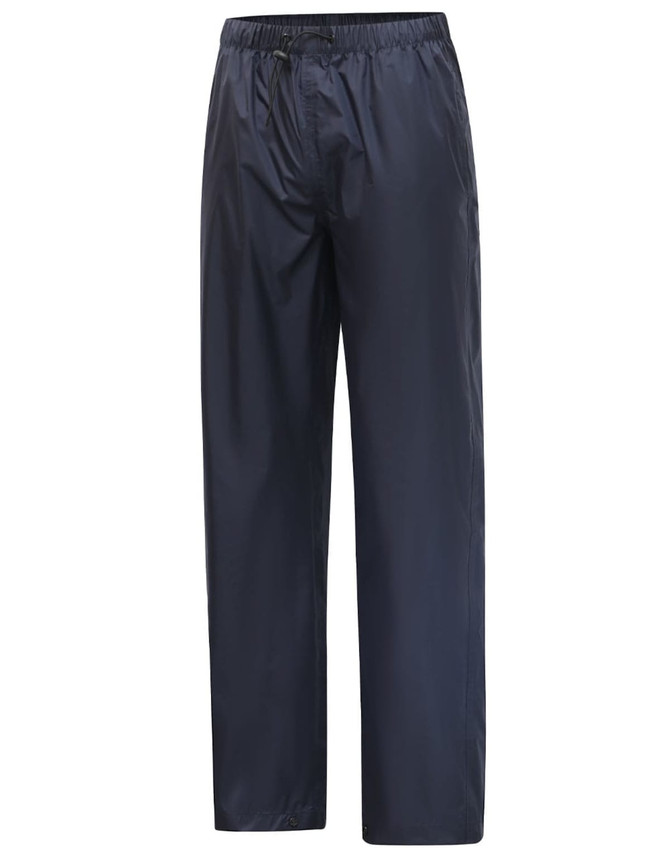 Lightweight nylon waterproof rain pants in navy blue with an elastic waistband and a smooth finish.