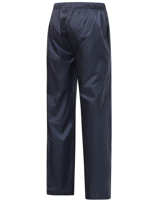 Lightweight nylon waterproof rain pants in navy blue, featuring an elastic waistband and two side pockets.