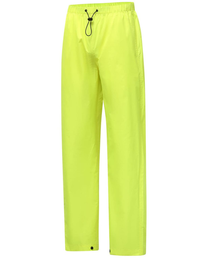 Lightweight nylon waterproof rain pants in bright yellow. Features an elastic waistband and a drawstring for adjustment.