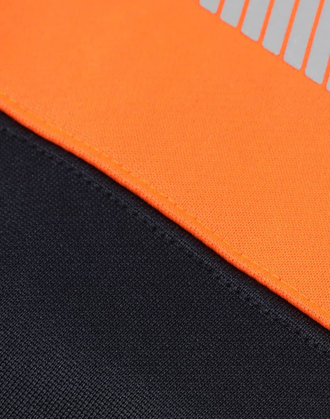 A Hi-Vis two-tone safety hoodie featuring segmented reflective tape in fluorescent orange and black. It has a logo.