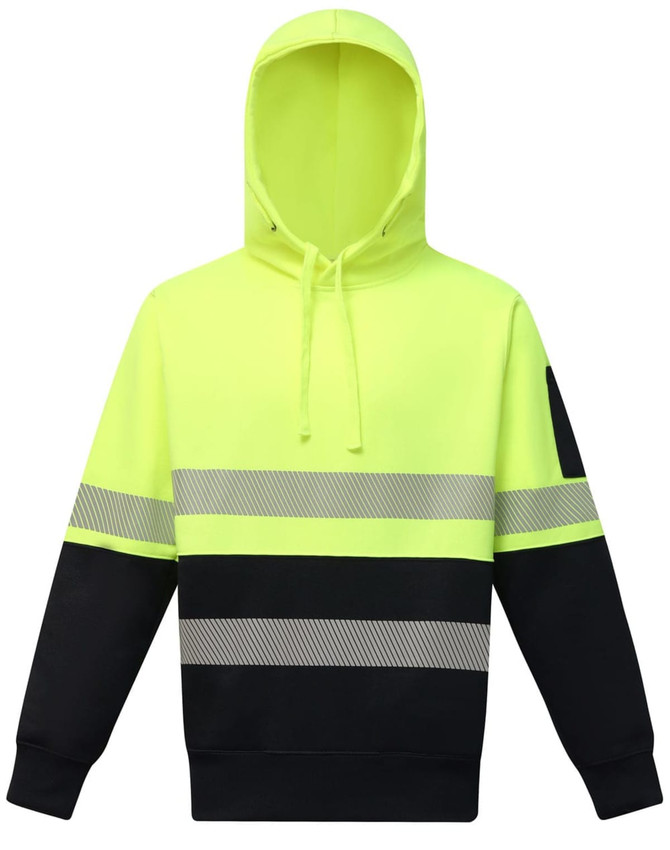 A Hi-Vis two-tone safety hoodie in bright yellow and black, featuring segmented reflective tapes and a hood.