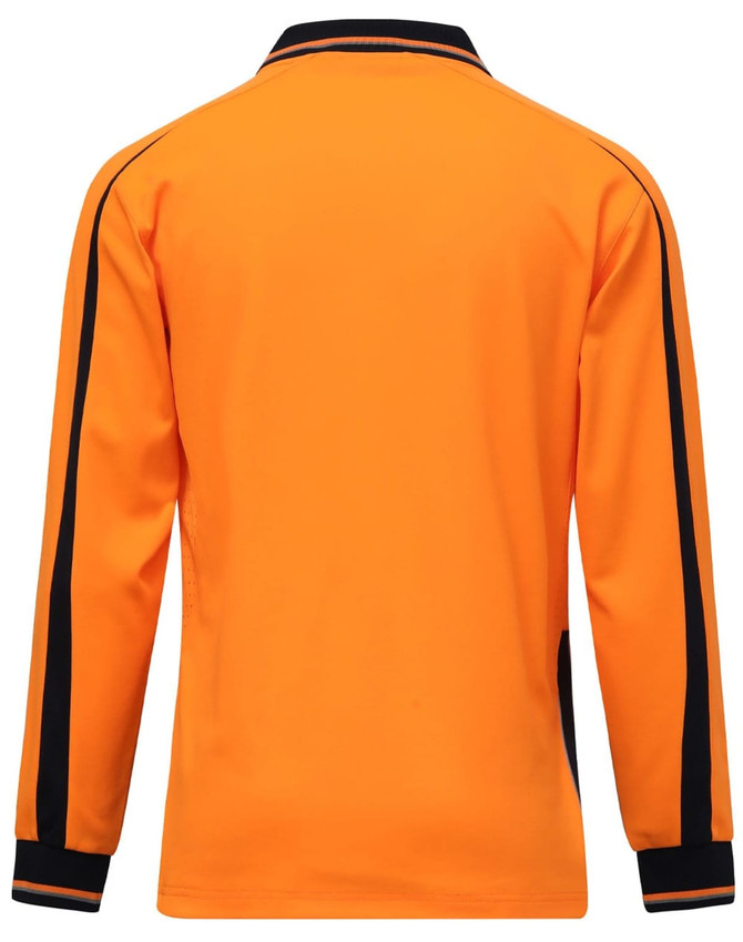 An orange long-sleeve polo shirt with black trim and a logo on the front.