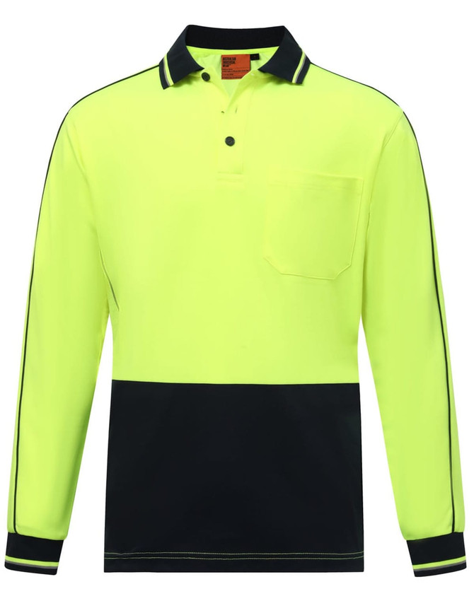 A long-sleeved polo in high visibility yellow with a navy blue bottom and a chest pocket. It features a collar and branding.