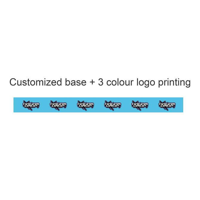 A roll of BOPP packaging tape featuring a light blue background with a multicoloured printed logo design.